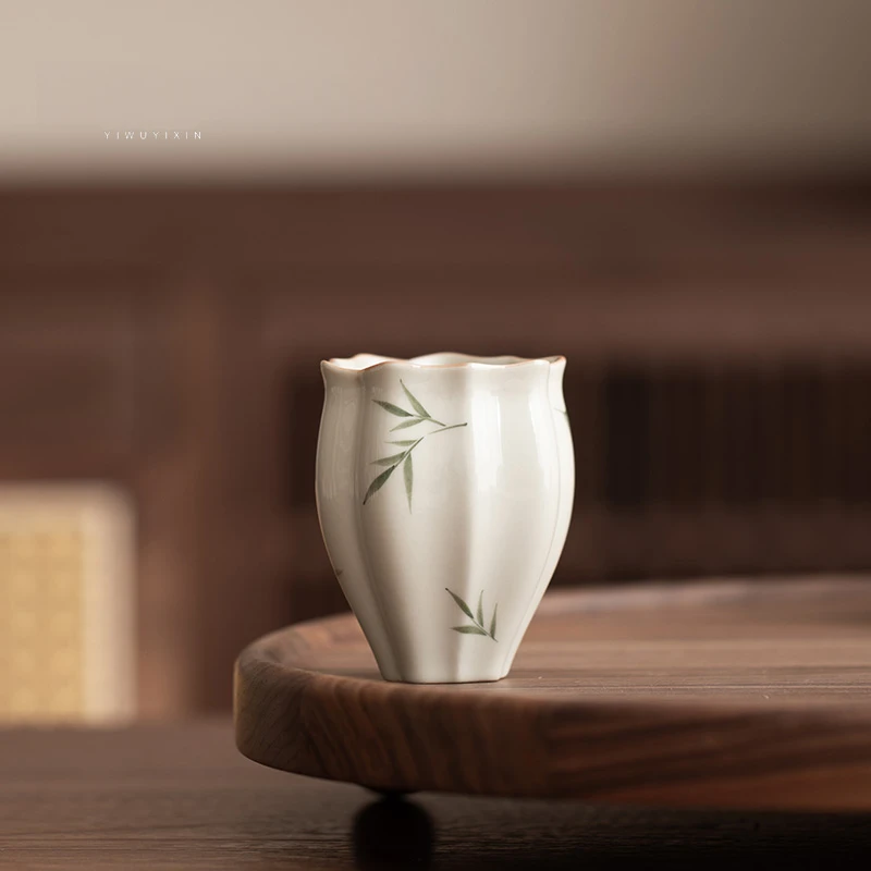 宜物宜心草木灰手绘筱竹花朵杯主人杯陶瓷中式家用茶杯品茗杯单杯