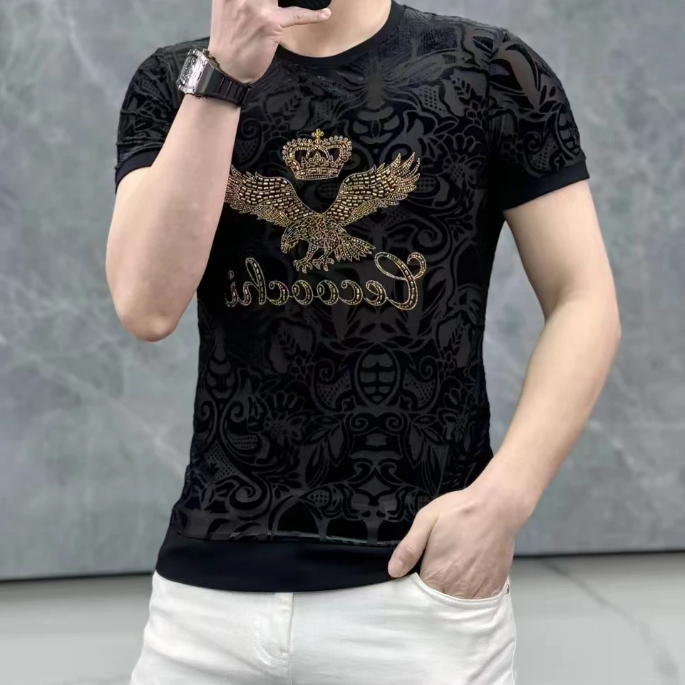 欧洲站  夏季新款男士时尚潮流帅气百搭植绒雕花烫钻雄鹰圆领短袖