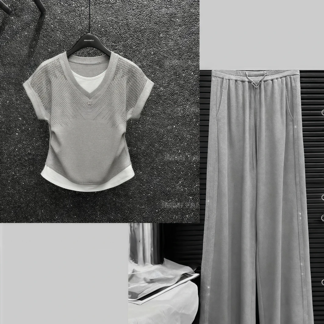 【专柜正品】气质时尚烫钻假两件T恤女装上衣短袖显瘦套装