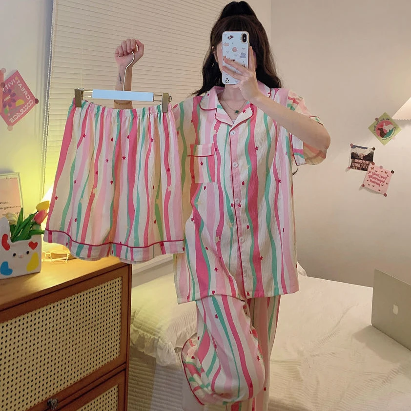 夏季三件套宽松胖美女睡衣家居服套装轻薄短袖短裤长短裤胖M200斤