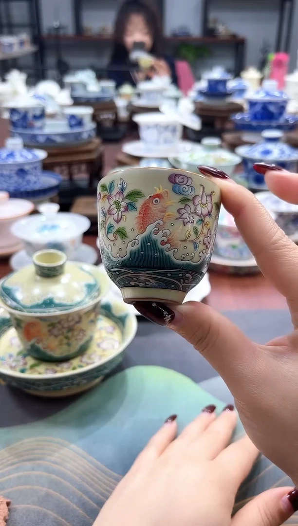 【闪购商品】360度出水蓝色竹节盖碗