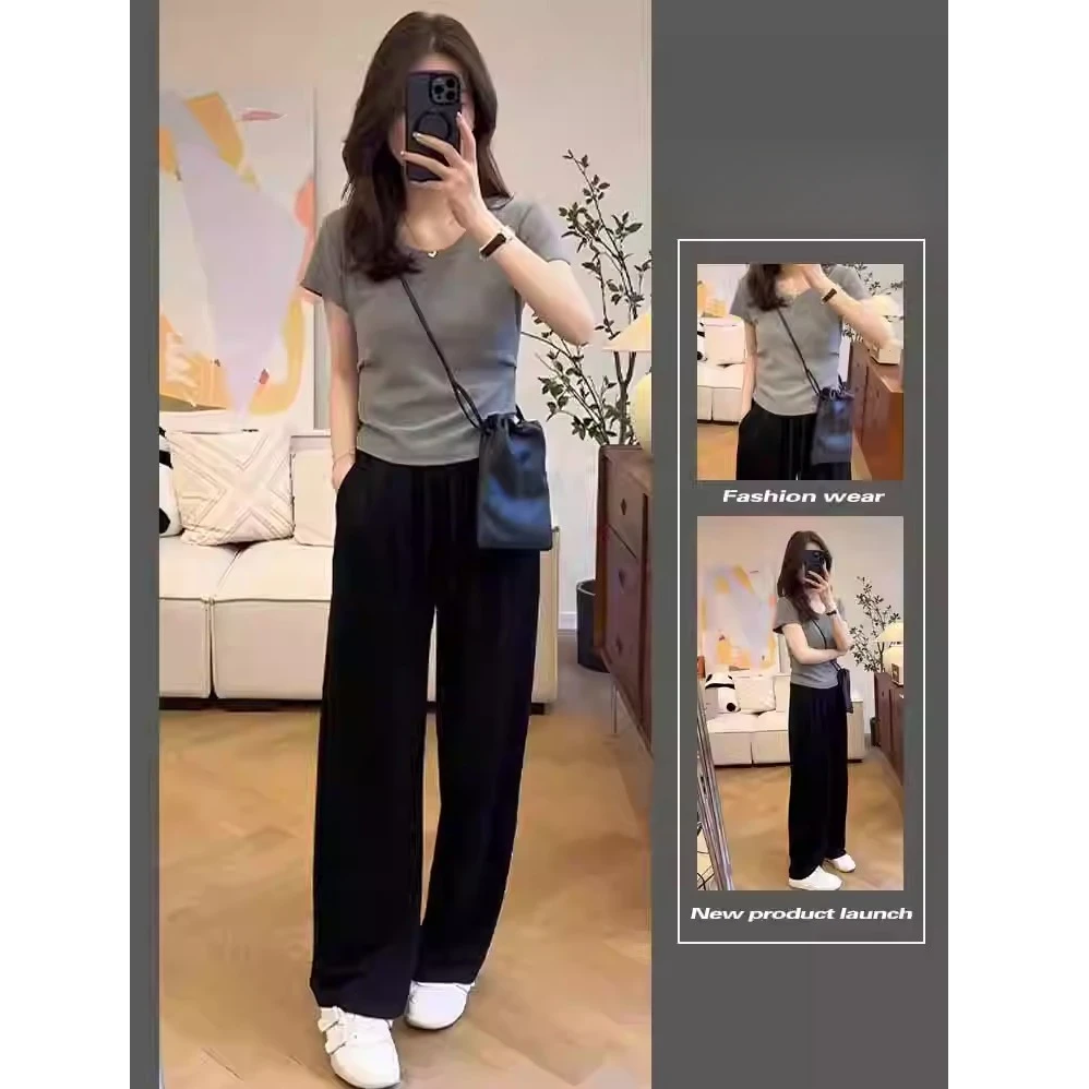 2025女装夏季新款穿搭洋气减龄短袖上衣气质显瘦垂感休闲裤两件套
