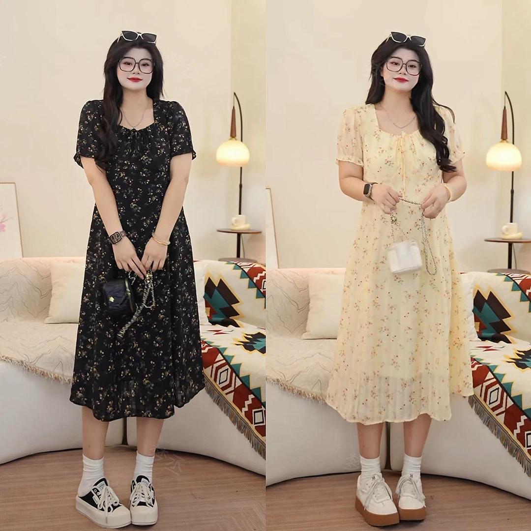 梦丞【生如夏花】大码女装夏季新款碎花收腰优雅洋气浪漫短袖连衣裙