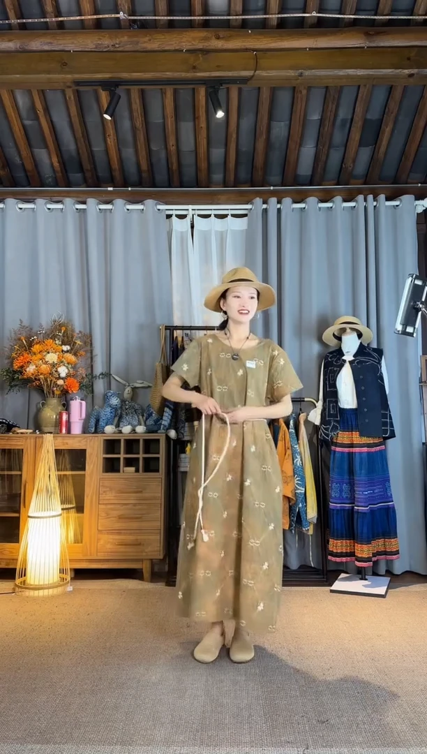 设计师款柿子染棉麻短袖连衣裙