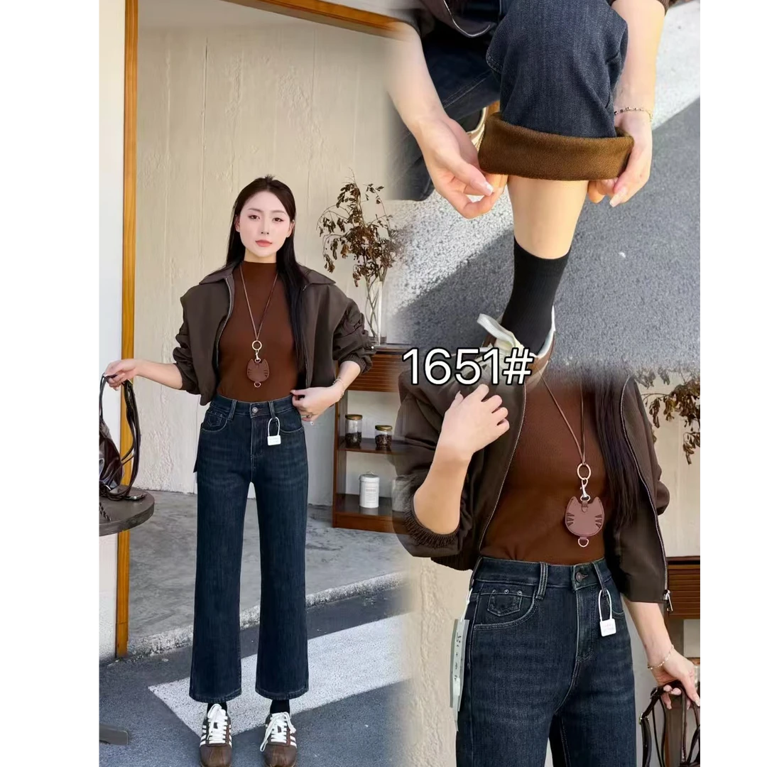 王永家~1651冬季新款百搭加厚绒显瘦弹力牛仔烟管裤