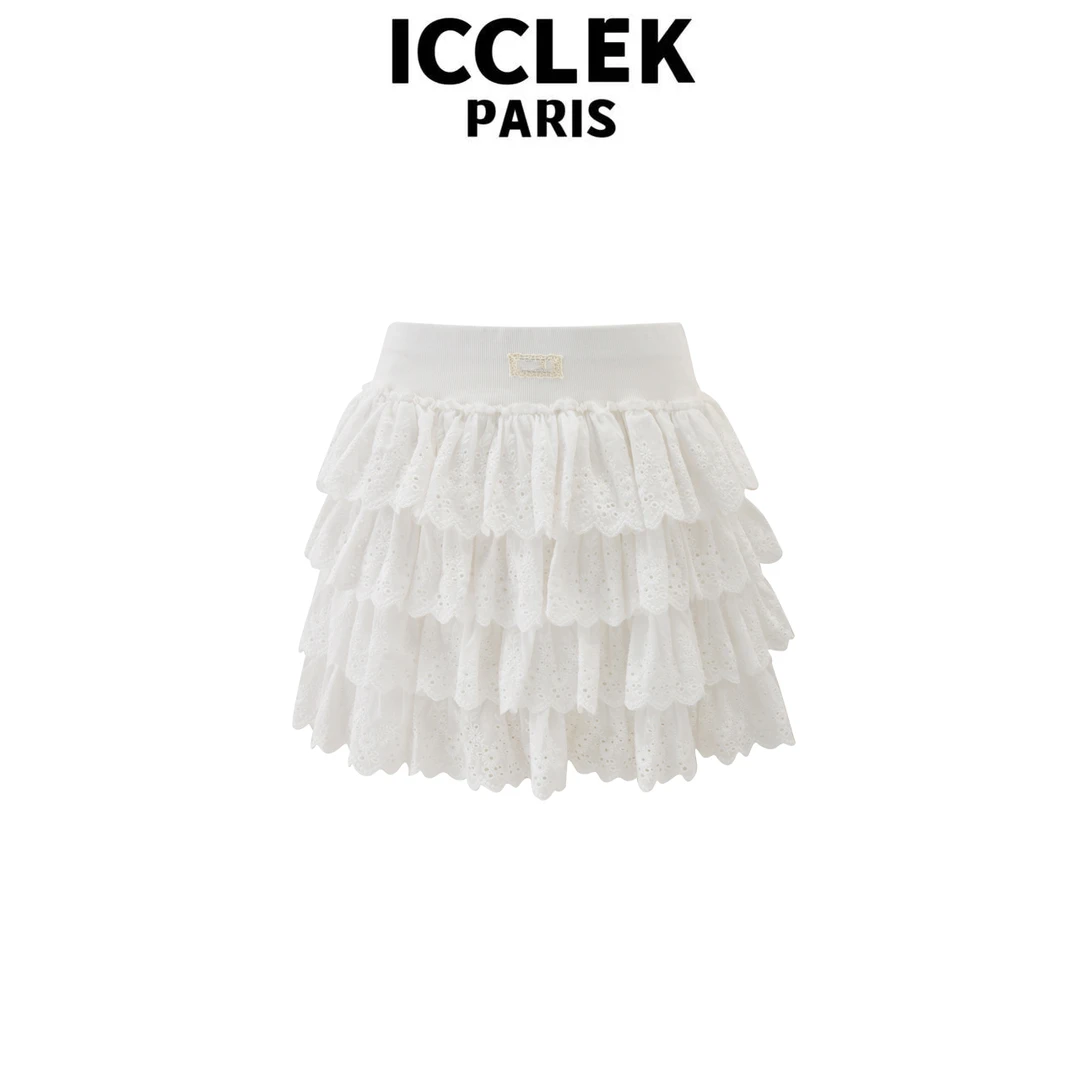 ICCLEK 短款松紧腰蛋糕短裙半身裙气质白色时尚裙子夏季-1282