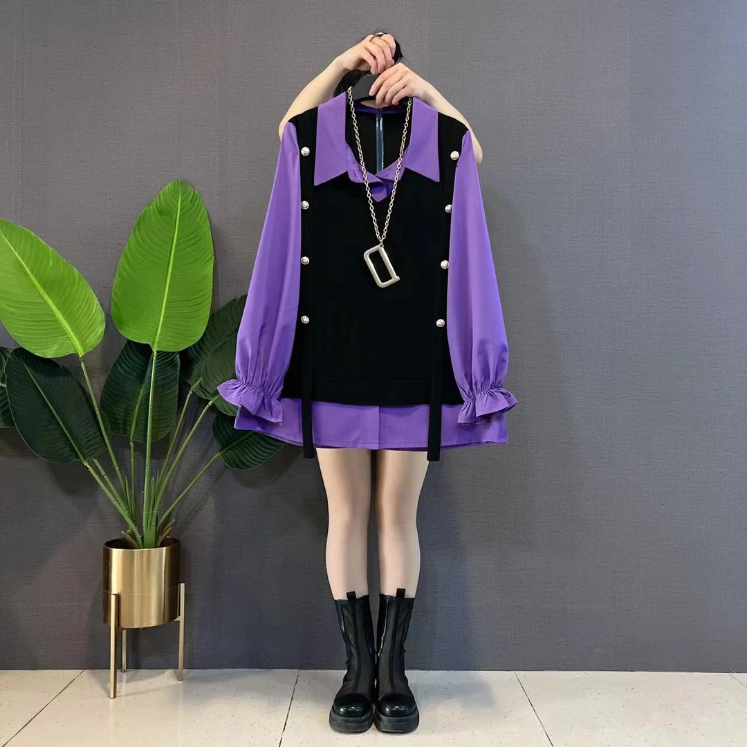 2025春大码洋气时尚拼接衬衫女长袖喇叭袖POLO领