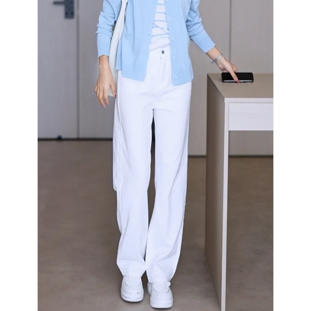 高腰直筒牛仔裤米白色2025新款时尚潮流设计感宽松显瘦阔腿直筒裤