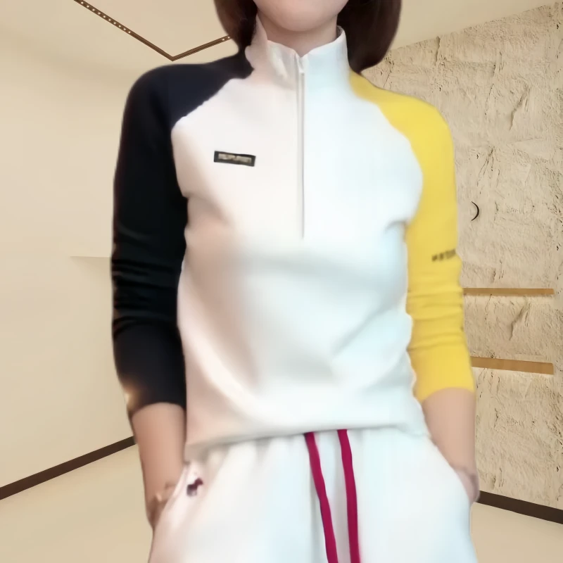 2025年新款长袖时尚户外运动休闲立领显瘦上衣撞色拼接女卫衣