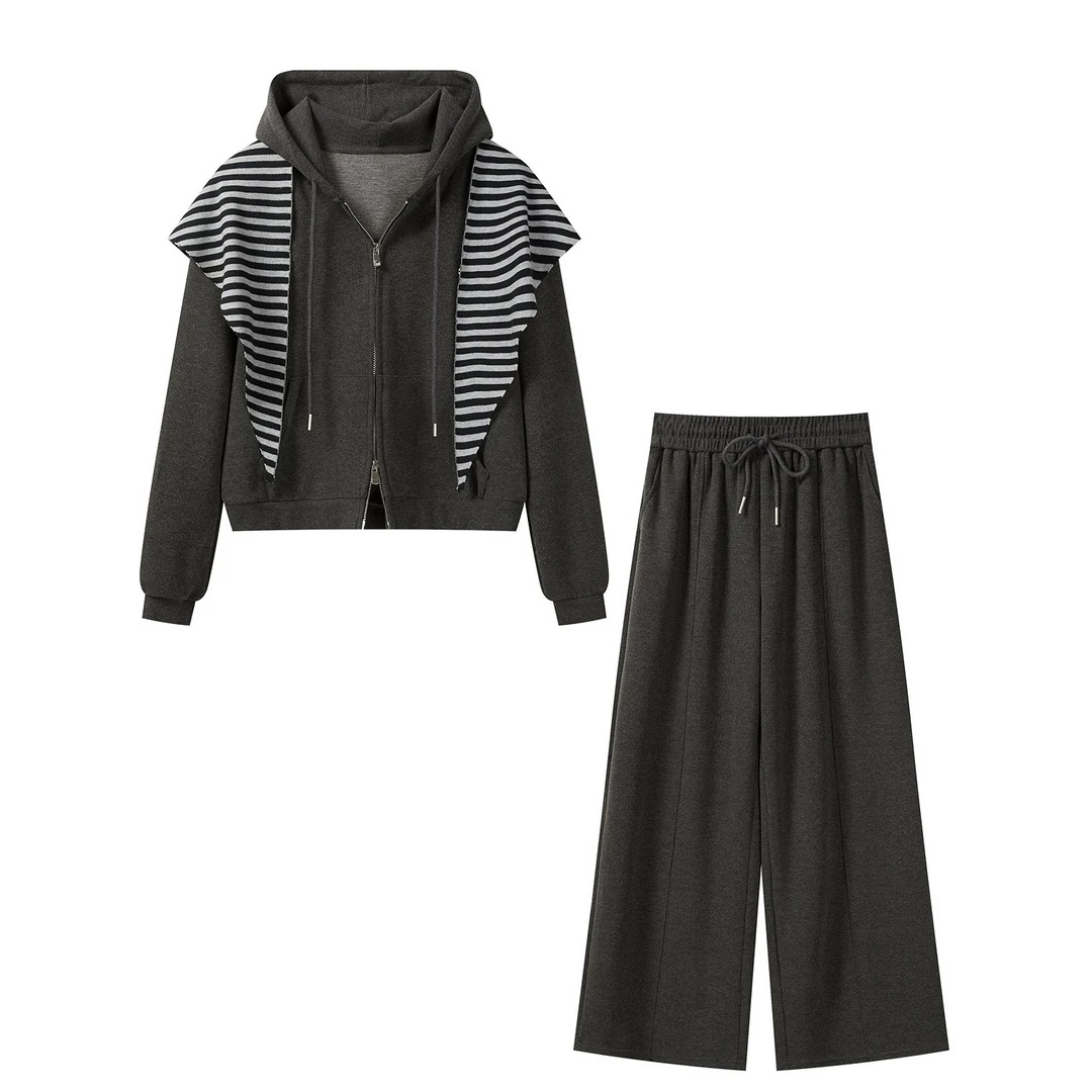 羊城故事-韩系拼接撞色卫衣套装女秋季新款高腰阔腿裤两件套60015