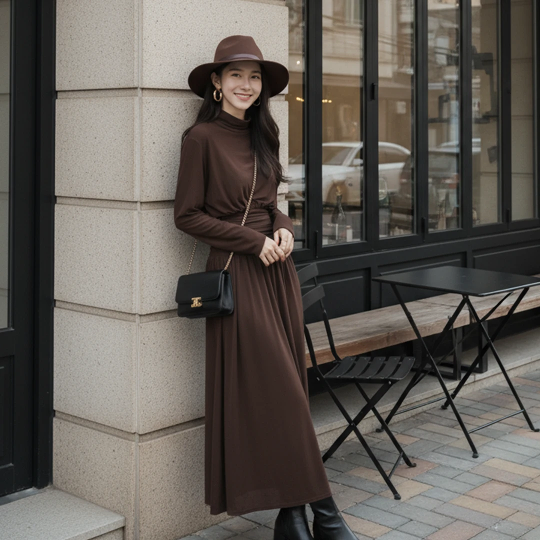 【暖弧漫纱】秋款高领蝙蝠袖轻奢时尚显瘦秋冬连衣裙SHBZWM652043