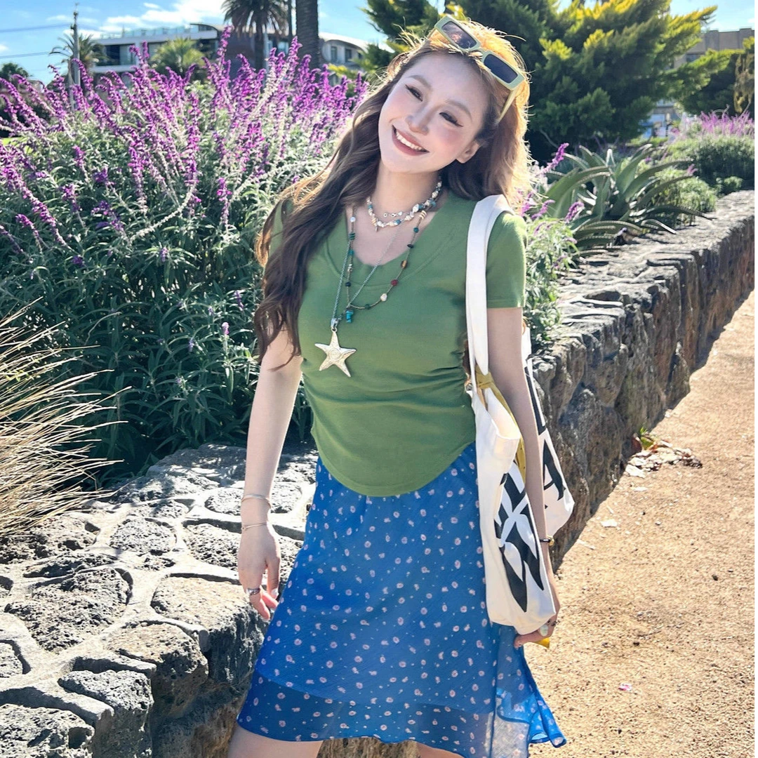 法式雪纺蓝色小碎花半身裙女2025年夏季海边气质高腰显瘦包臀裙子