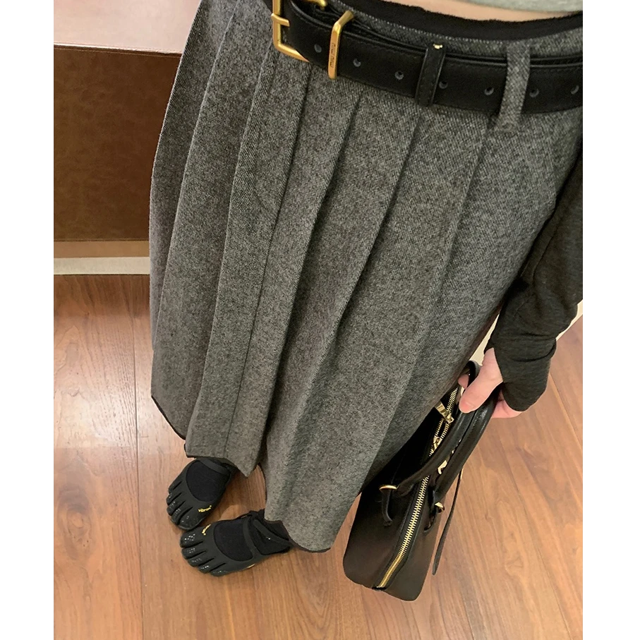 气质高腰斜纹压褶设计半身裙女冬季新款时尚经典百搭显瘦百褶裙