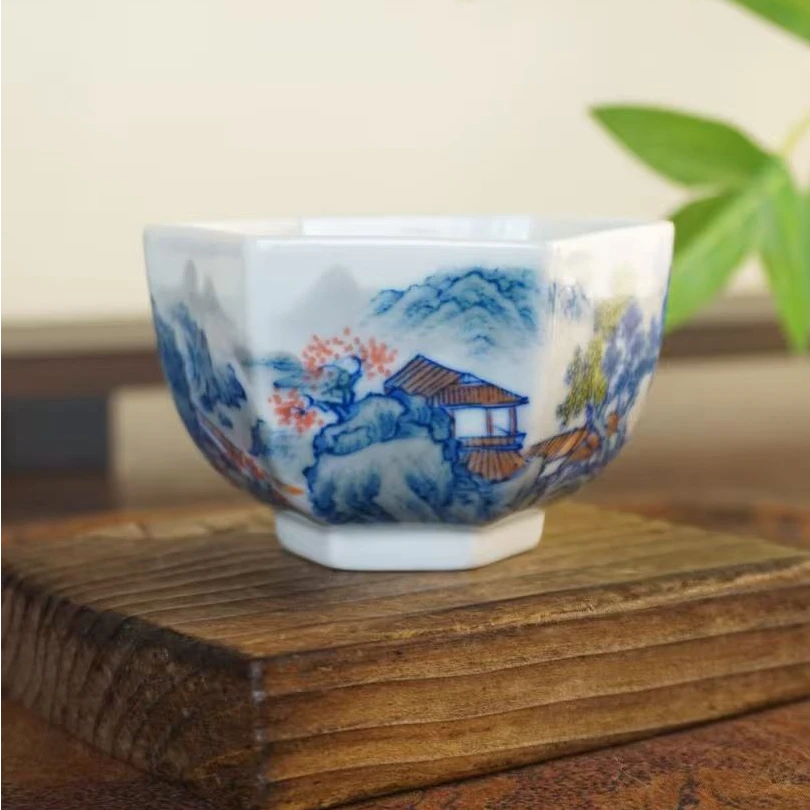 德物小雅纯手工手绘釉下青花五彩六方杯内绘绿水青山阁楼亭台茶杯