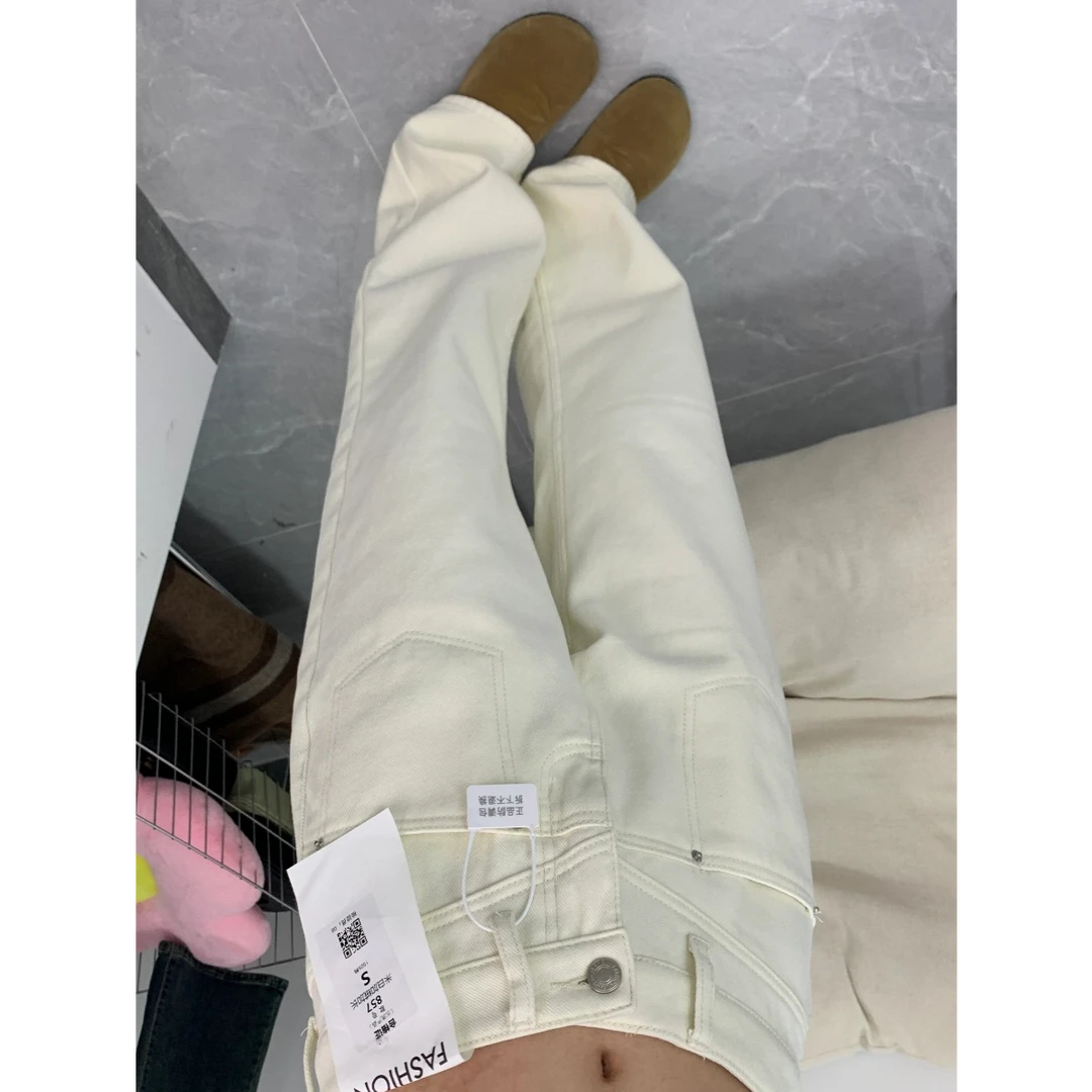 加厚米白色宽松直筒牛仔裤女春季新款高腰显瘦设计感阔腿裤子