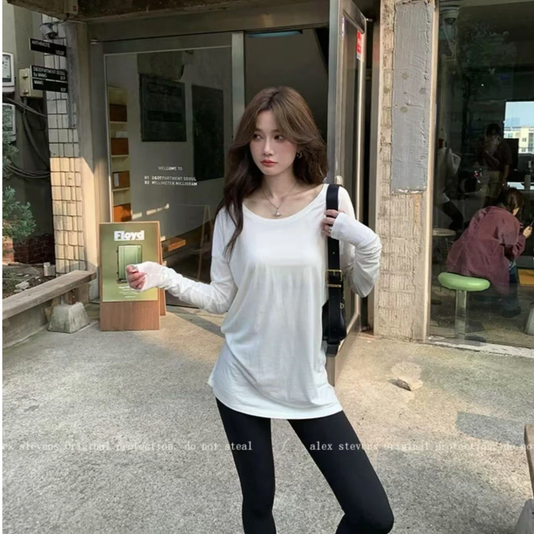 日常基础简约白色灰色休闲长袖套头圆领宽松显瘦T恤上衣