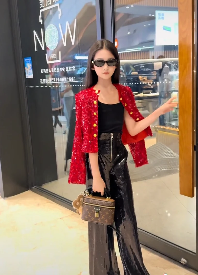 2025设计师款黑色亮片长裤直筒裤