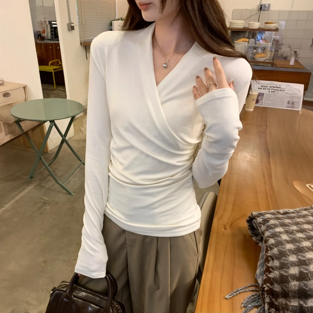 欧货新款秋冬季高级感内搭磨毛上衣v领交叉加厚百搭打底衫女长袖