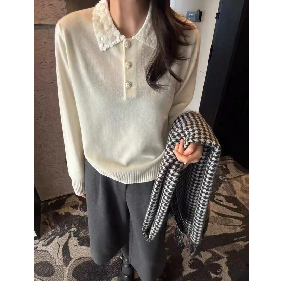 【YIBUDAOWEI】Polo领领口亮片纽扣长袖套头宽松毛衣 25331