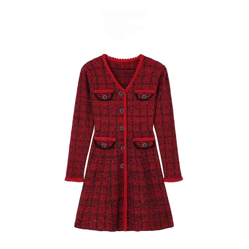 时尚女轻奢气质秋冬复古红色百搭V领羊毛针织连衣裙-3048