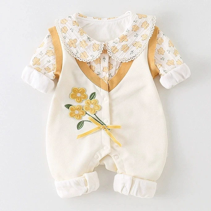 婴儿连体衣春秋款双层长袖新生儿衣服秋装满月宝宝爬爬服秋天外出