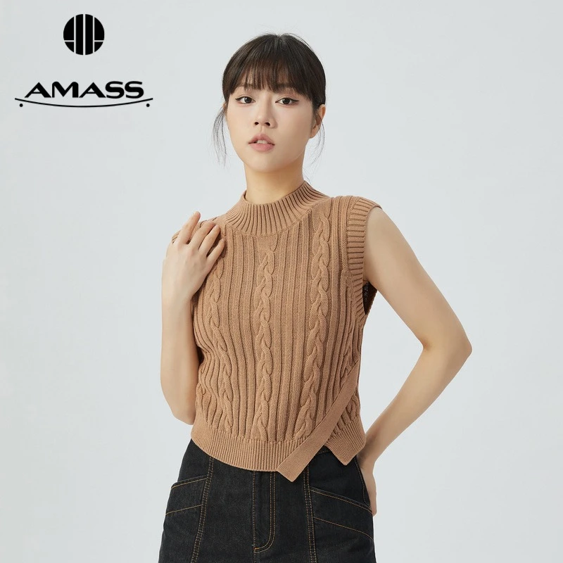 【阿玛施AMASS】冰棉针织马甲5399380复古无袖女士半高领