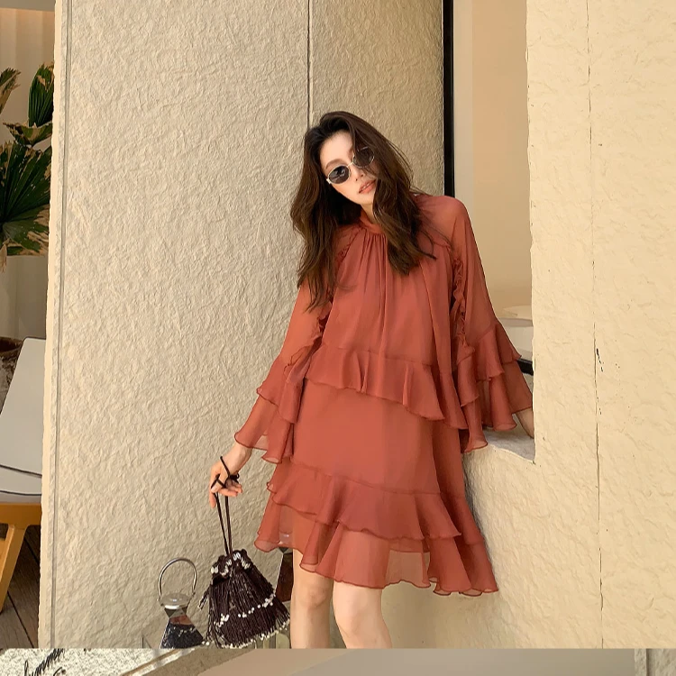 【ALONE SAVOR】龍喜儿 仙境梦 荷叶边设计感纯色连衣裙 J182