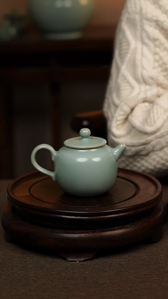 瓷片仿古天青全手工小苹果壶150ml 微瑕 不带礼盒