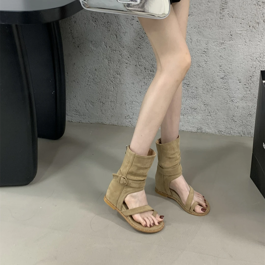 复古罗马套趾凉靴女2025夏季新款皮带扣高帮凉鞋内增高后拉链短靴
