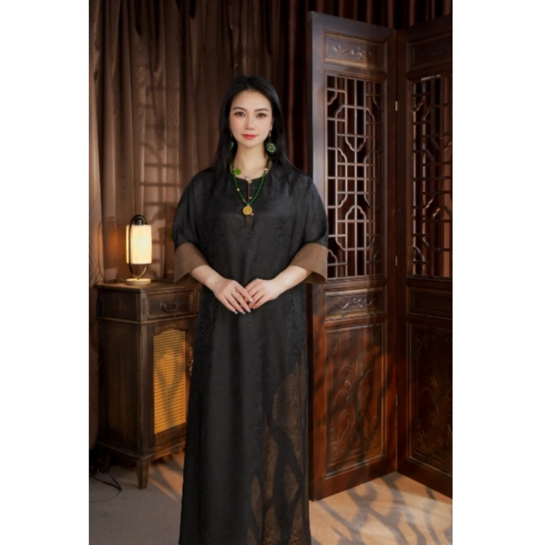 春季新款气质复古花萝香云纱双面双穿中长款连衣裙85026