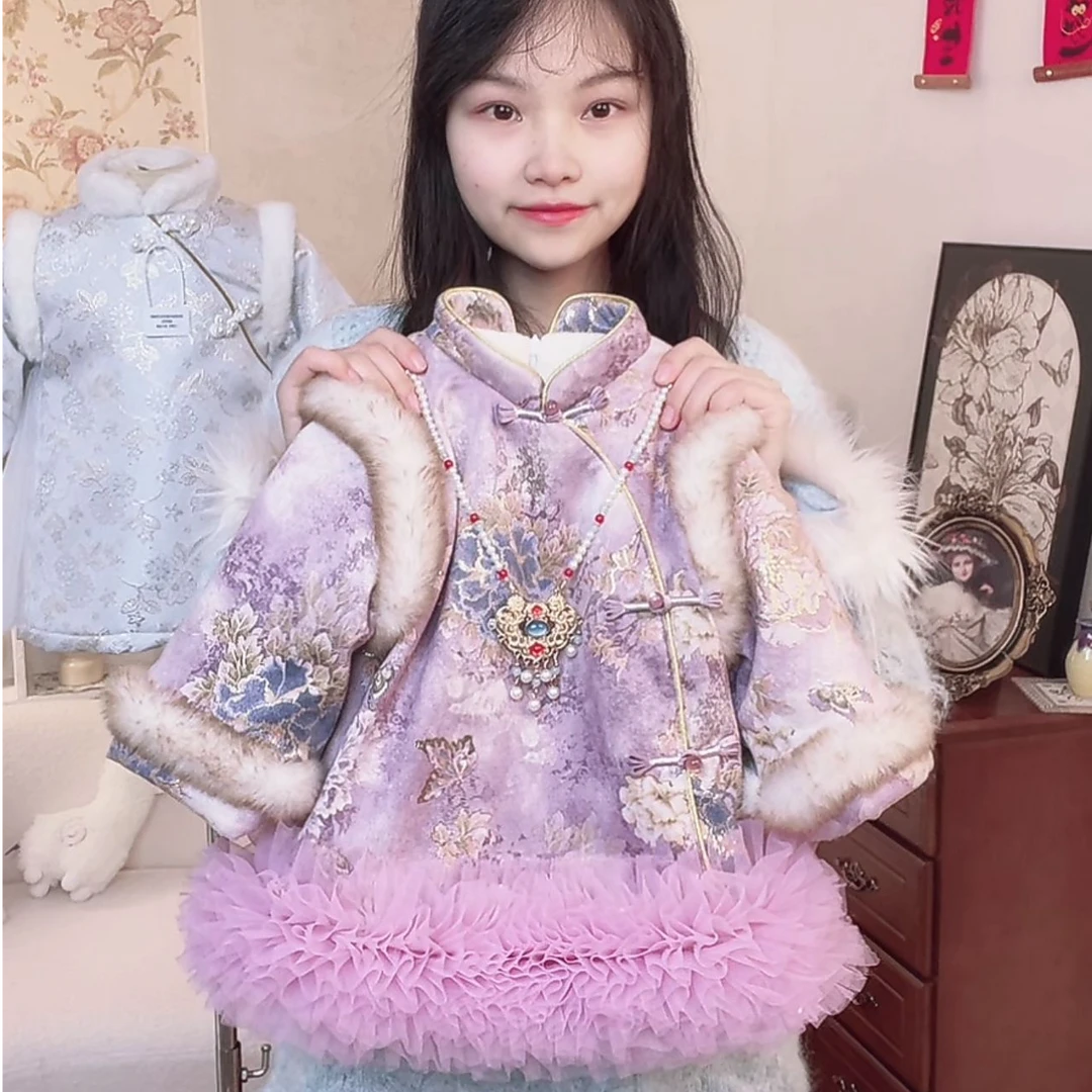 儿童装女童宝宝国风盘扣加绒加厚女孩新中式公主拜年裙冬季中国风