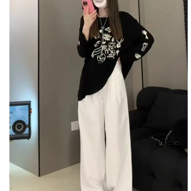 WF06# 美式复古中长款设计感涂鸦印花宽松长袖防晒T恤