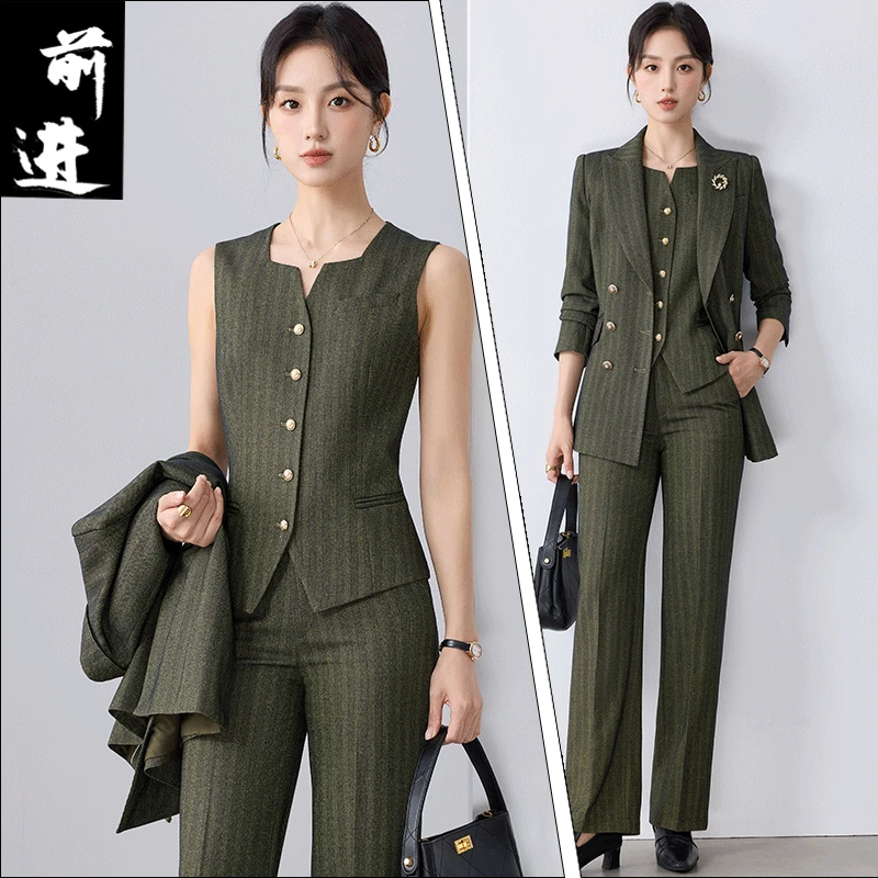 高端大气条纹西装套装女秋冬气质女神范双开叉职业西服马甲三件套