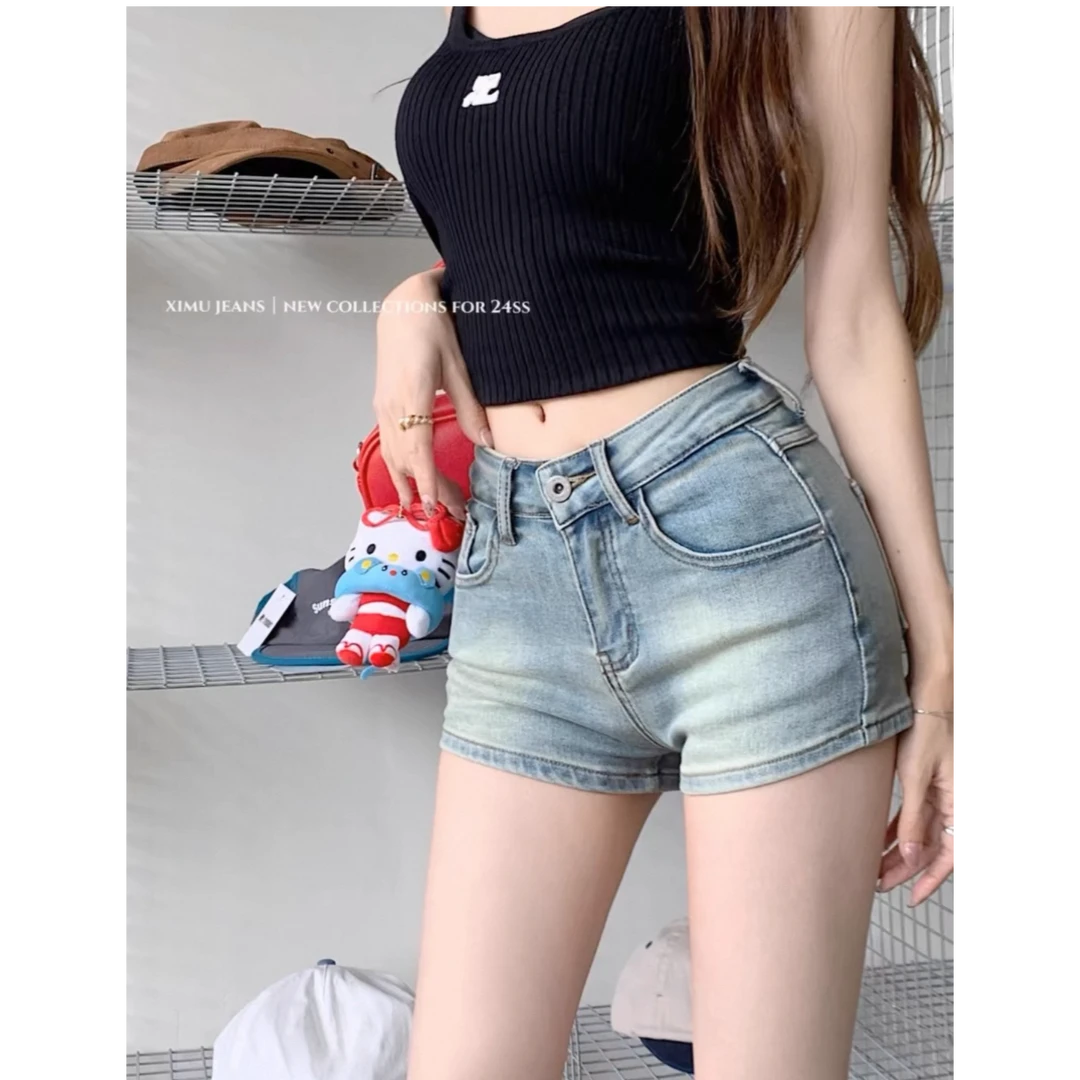 美式浅蓝色牛仔超短裤女夏季新款高腰直筒裤子辣妹紧身包臀热裤潮