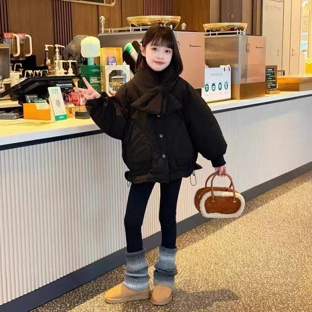 女童棉衣2025冬季新款V领围脖款派克服棉服中大儿童时尚加棉加厚9