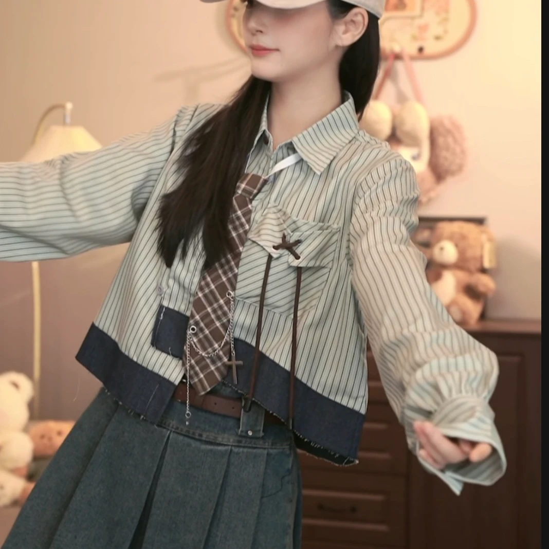 潮牌新款美式复古长袖衬衫女2025春秋夏休闲宽松防晒条纹外穿衬衣