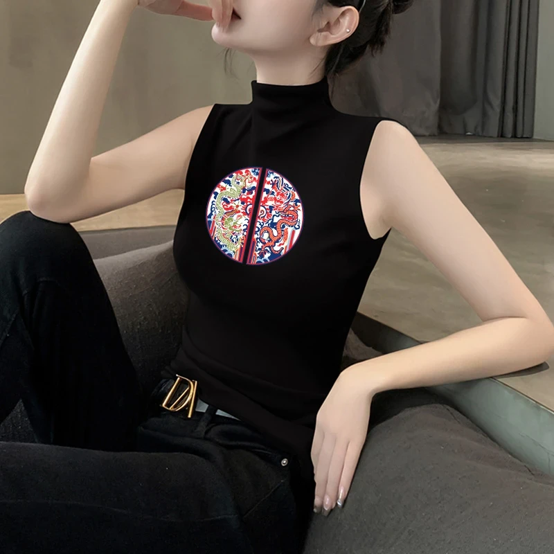 中国风莫代尔无袖背心女春夏外穿小众百搭半高领印花t恤上衣ins薄