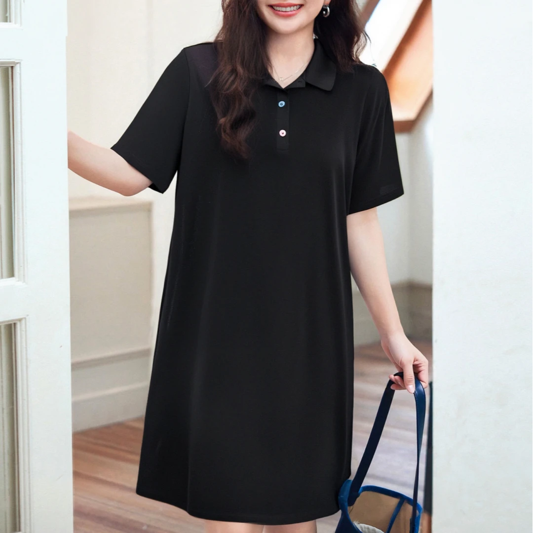 【珠地棉】MsShe大码女装2025秋装显瘦彩色扣Polo领连衣裙K2505023