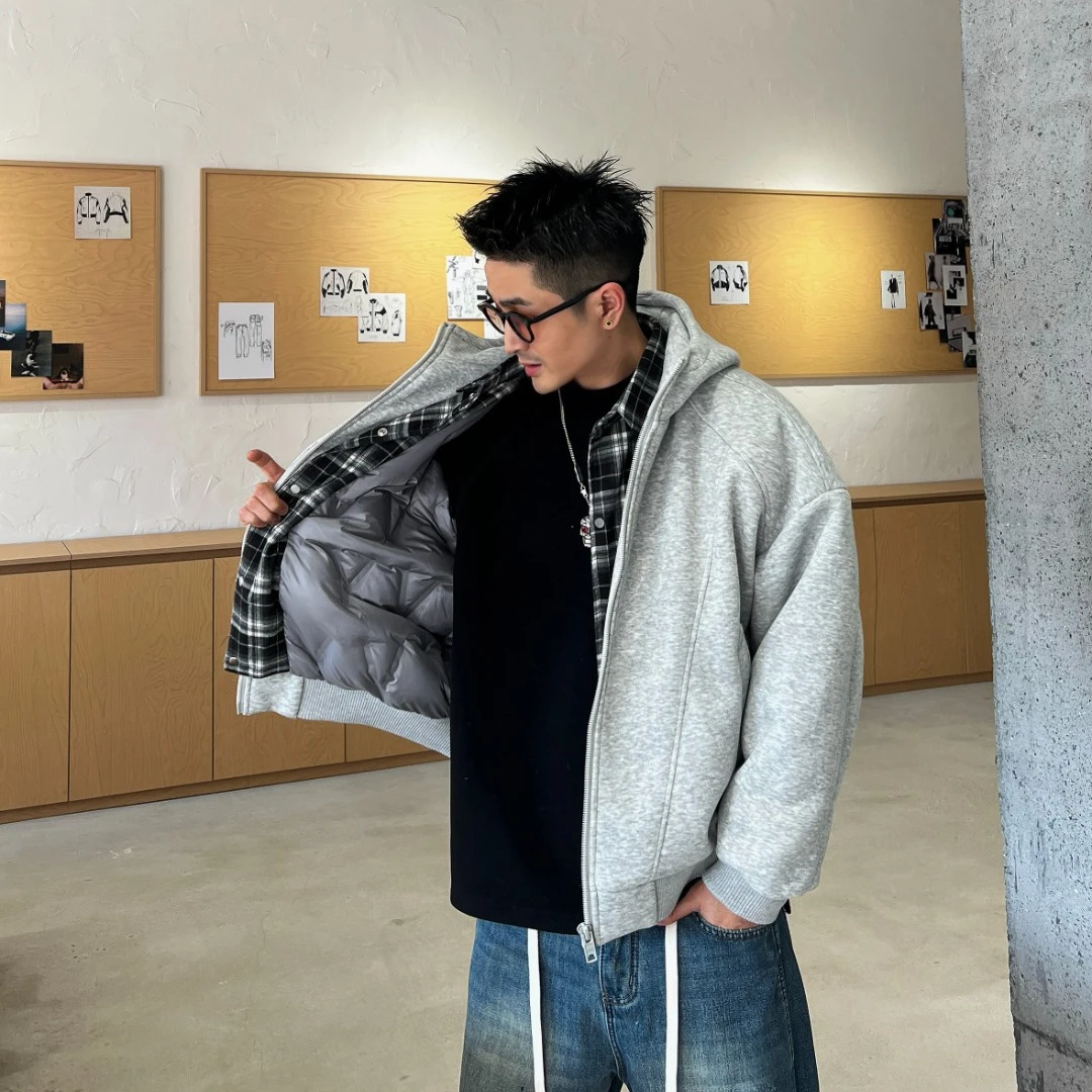 XDZZ二狗25ss冬季男士美式针织卫衣连帽白鸭绒假两件保暖羽绒服