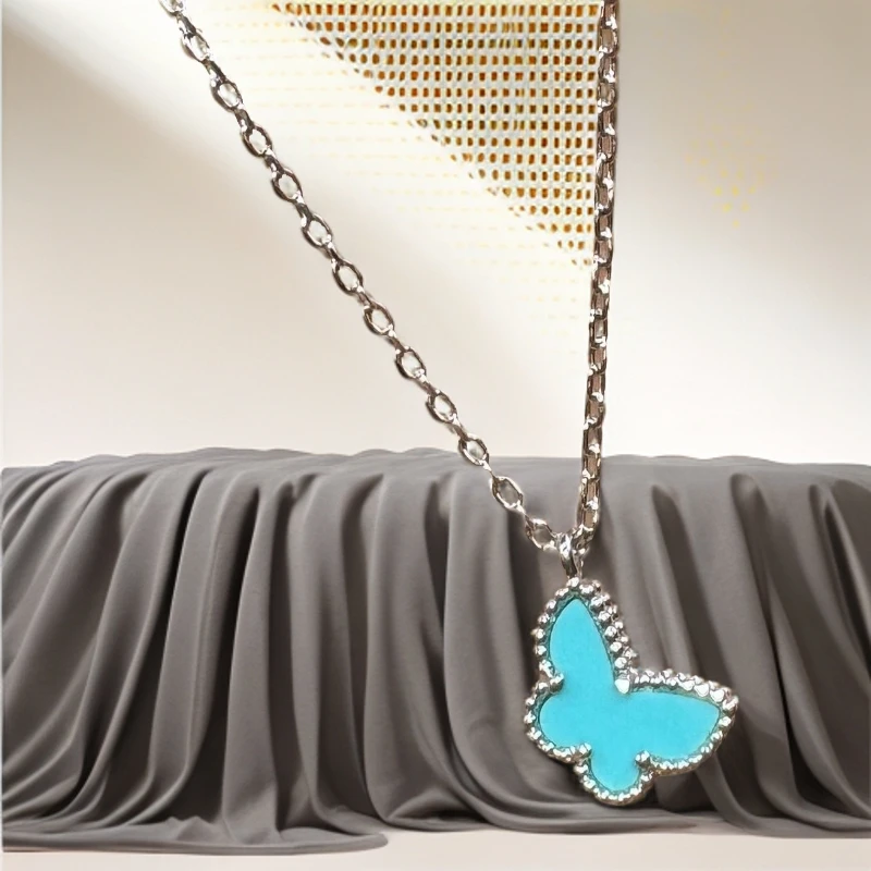 铜合金锆石项链 蓝色蝴蝶双面项链百搭简约气质轻奢黑色
