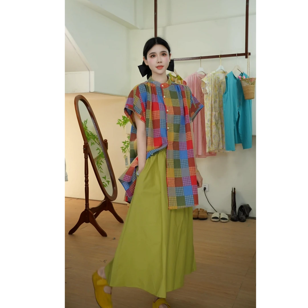 夏日多巴胺创意渐变明线网格松弛感短袖衬衫