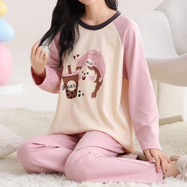 2025年春秋新款长袖套头精梳棉睡衣大码女士居家外出穿休闲套装