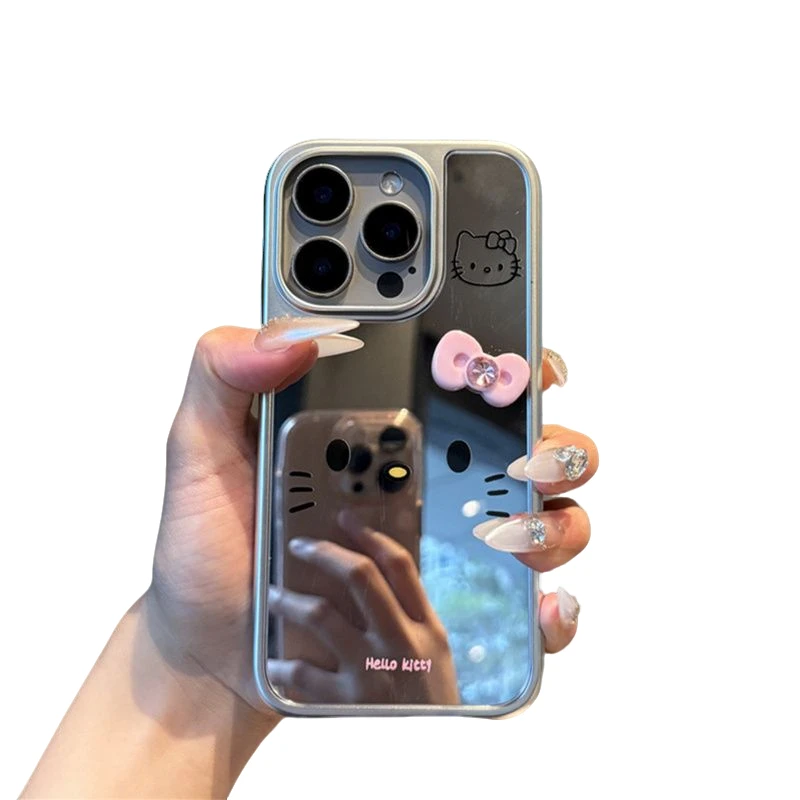 电镀银底镜面kt蝴蝶结表情适用苹果16promax手机壳iPhone15新款14