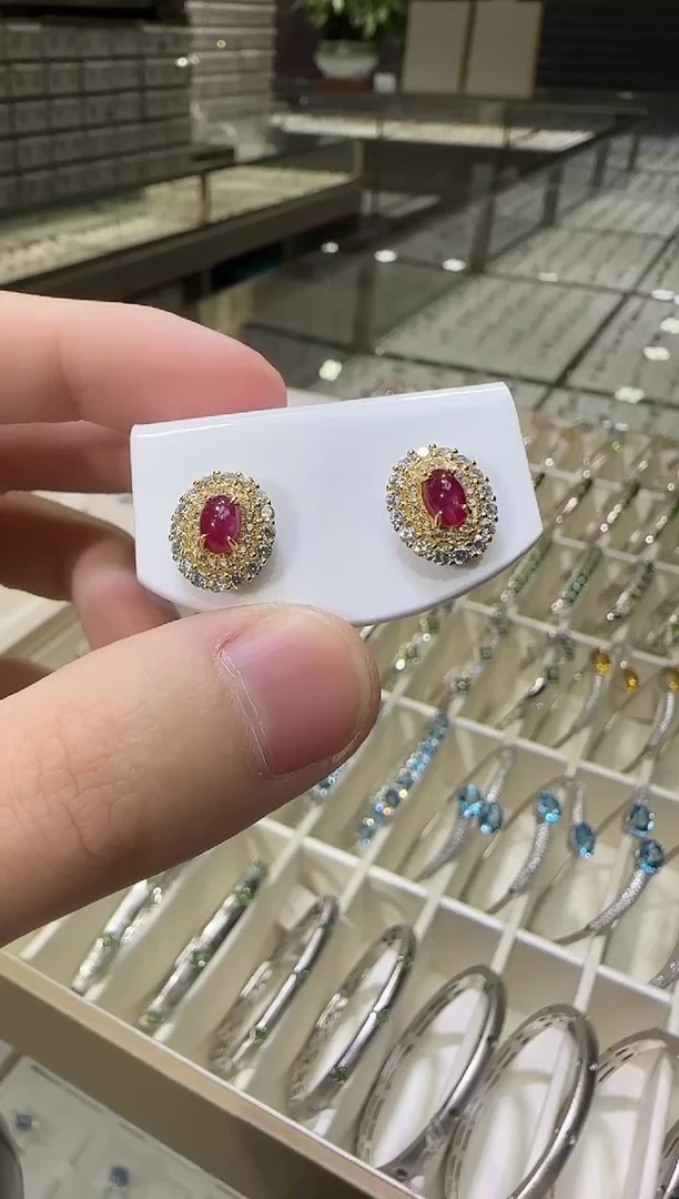 银S925镶嵌耳饰红宝石耳钉11*13mm