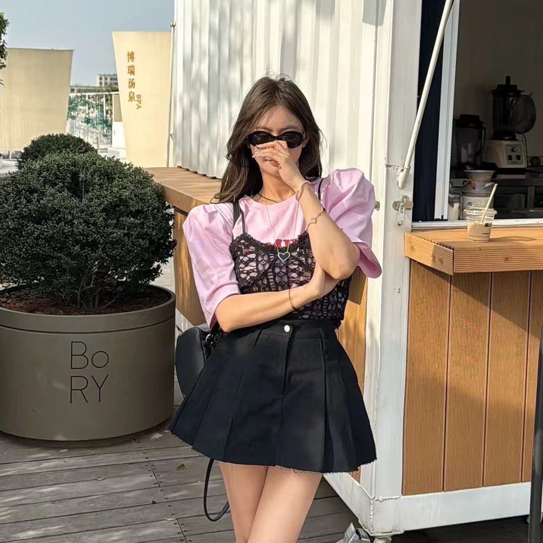 【YKL】烟熏千金粉色泡袖字母T/黑色镂空吊带/黑色短裙裤