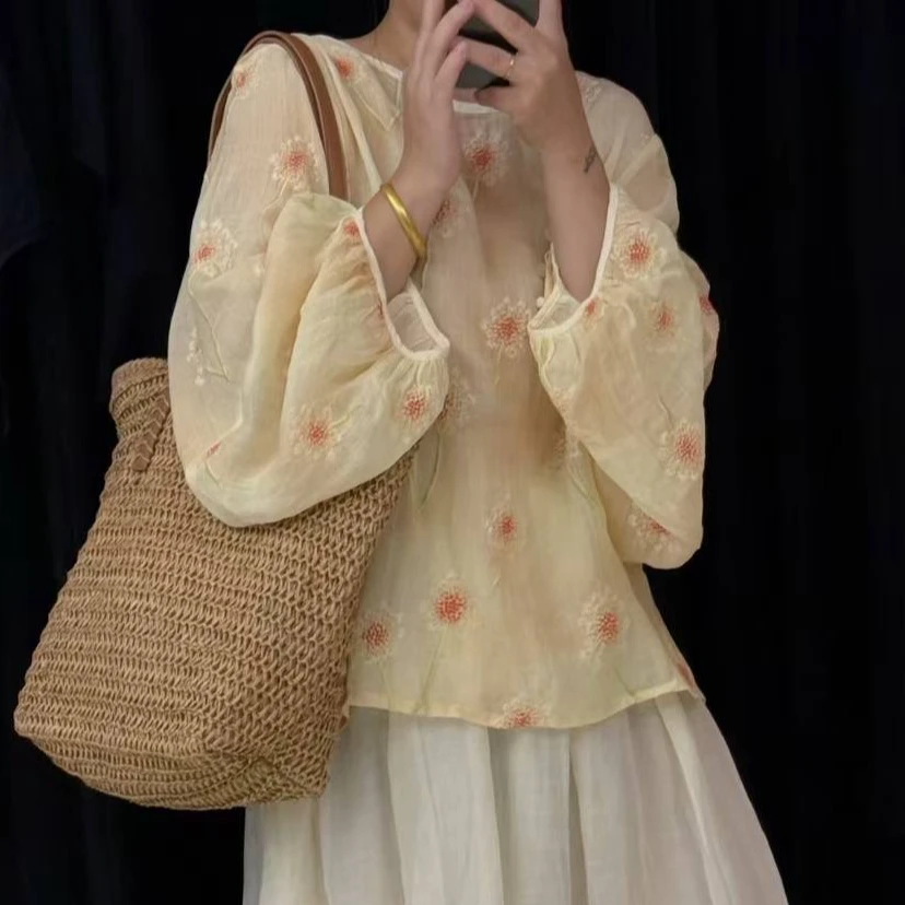 【繁花】夏季新款纯苎麻蒲公英刺绣重工仙气苎麻衬衫