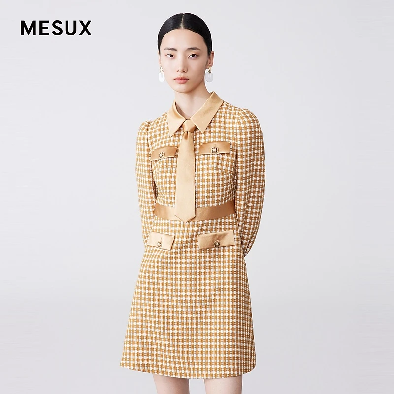 【许半夏专享】MESUX米岫春领带饰格纹连衣裙MKSUO