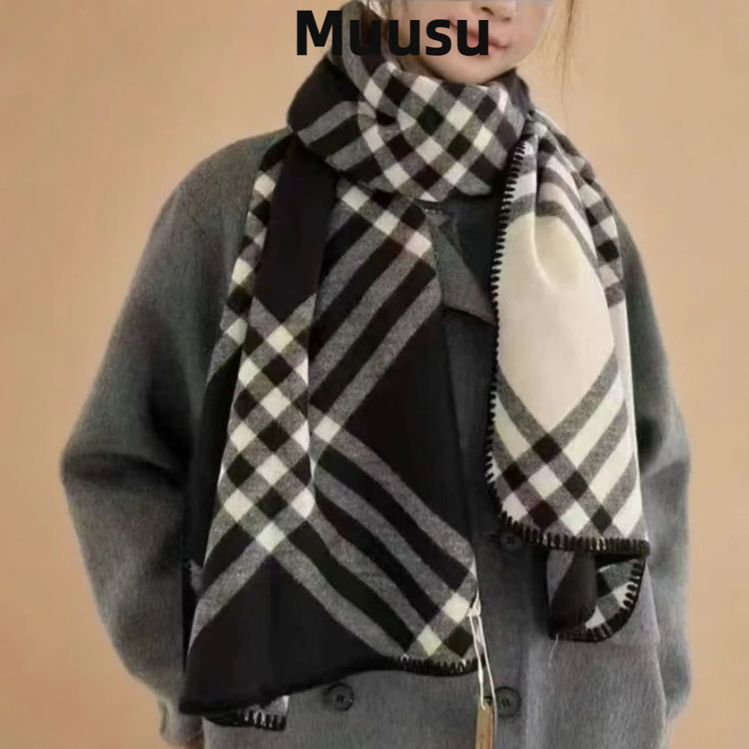 【Muusu】秋冬复古格子围巾护颈百搭保暖情侣同款双面可戴披肩围巾