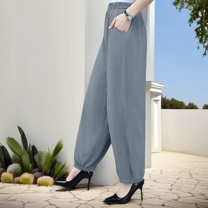 夏季灰色休闲裤女时尚灯笼裤薄款中老年纯色防蚊裤百搭阔腿裤潮