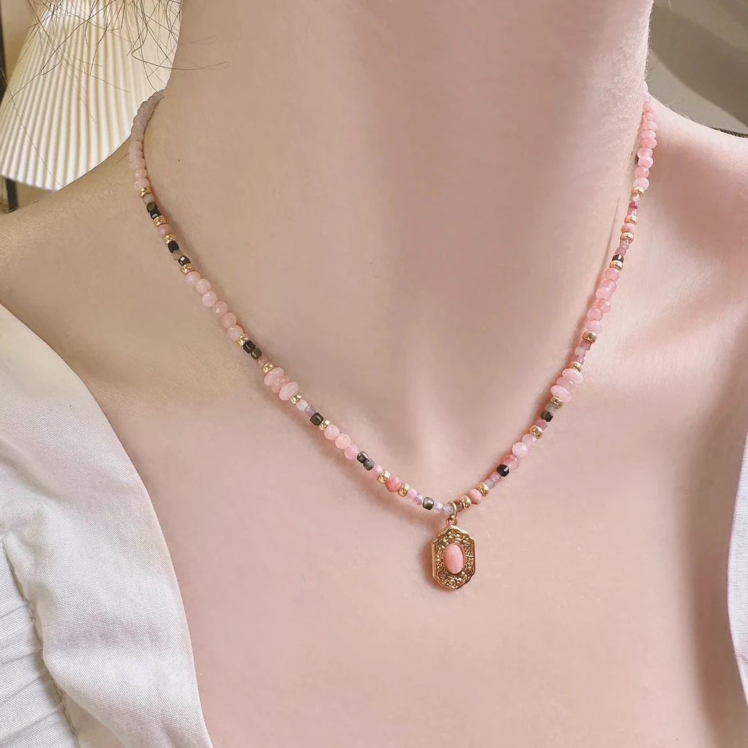 钛钢项链 D【红纹吊坠】时尚百搭粉嫩仙女风串珠项链